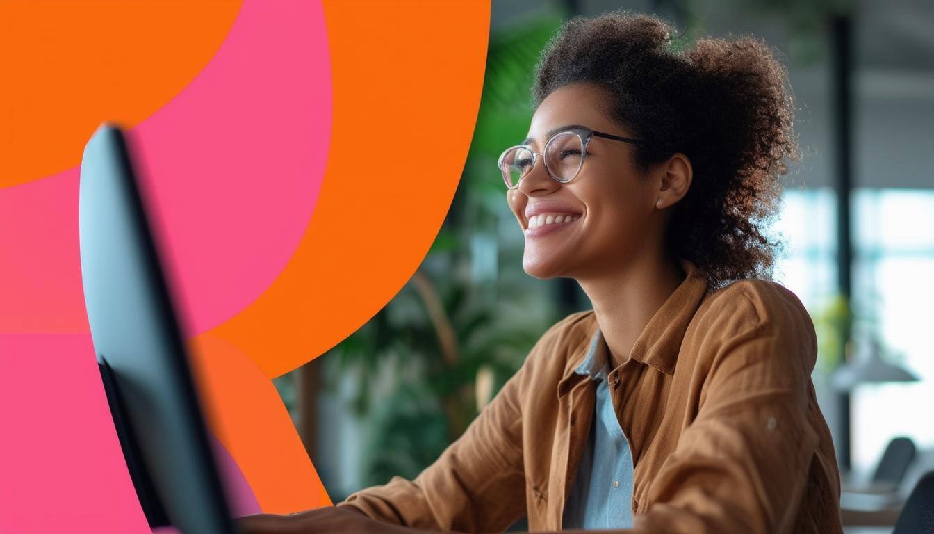 A hero banner image of a woman at a computer happy because she is finding the information she needs to do her job